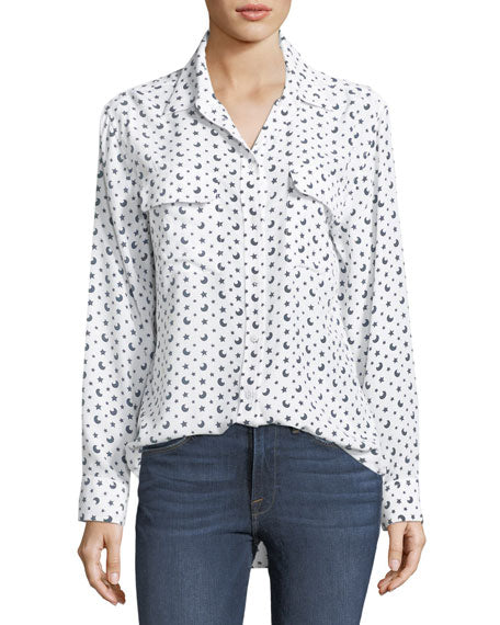 Equipment Signature Silk Blouse in Bright White/Multi with Moons and Stars