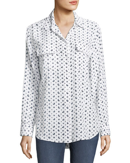 Equipment Signature Silk Blouse in Bright White/Multi with Moons and Stars