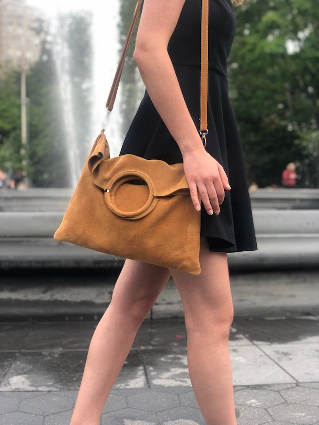 Jijou Capri Montreal Medio Suede Leather Tote Bag in Camel