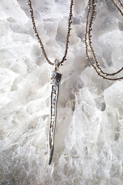 Native Gem Moondrops Hand Crochet Necklace with Silver Dagger and Mother of Pearl