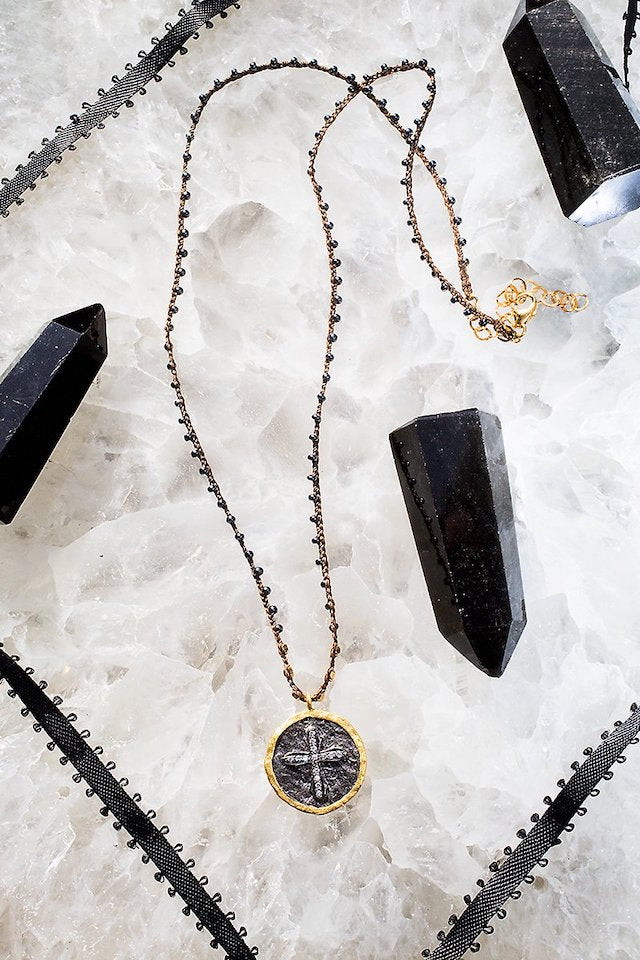 Native Gem Crusade Cross Coin Hand Crochet Necklace