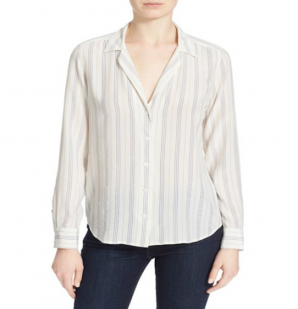 Equipment- Adalyn Silk Shirt in White/Biro Blue Dotted Striipe