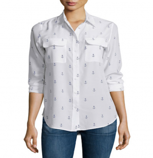 Equipment- Slim Signature Silk Shirt in Bright White/ Peacoat Anchors Away